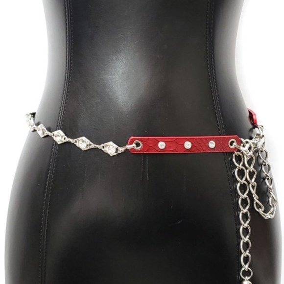Callie Lives Accessories - Vintage Style Skinny Rhinestone Crocodile Vegan Leather Chain Belt